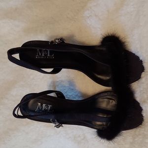 Black Satin & Faux Fur High Heels (NWOT)